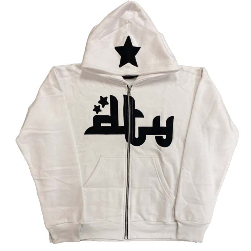 Star Letter Print Hoodie Men Retro Zip Up Long Sleeve Loose Jacket Coats Harajuku Casual Gothic Hooded Sweatshirt Y2K Streetwear